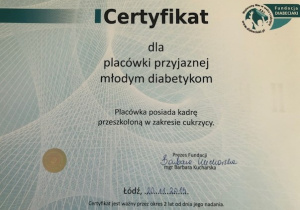 Certyfikat "Placówka Przyjazna Młodym Diabetykom"